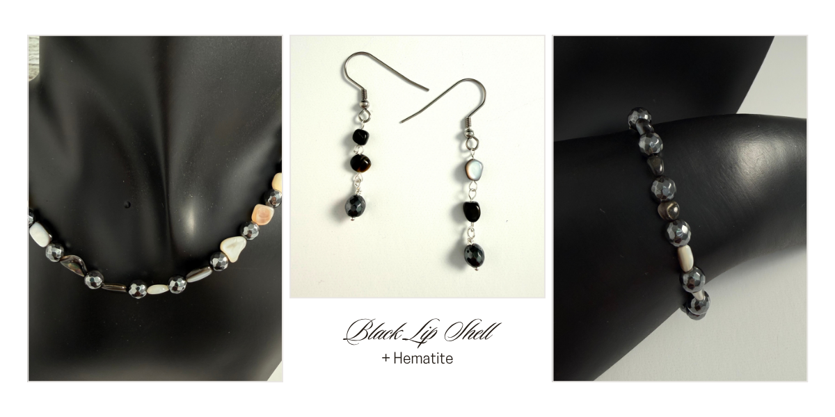 Black Lip Shell + Hematite Necklace, bracelet & earring set